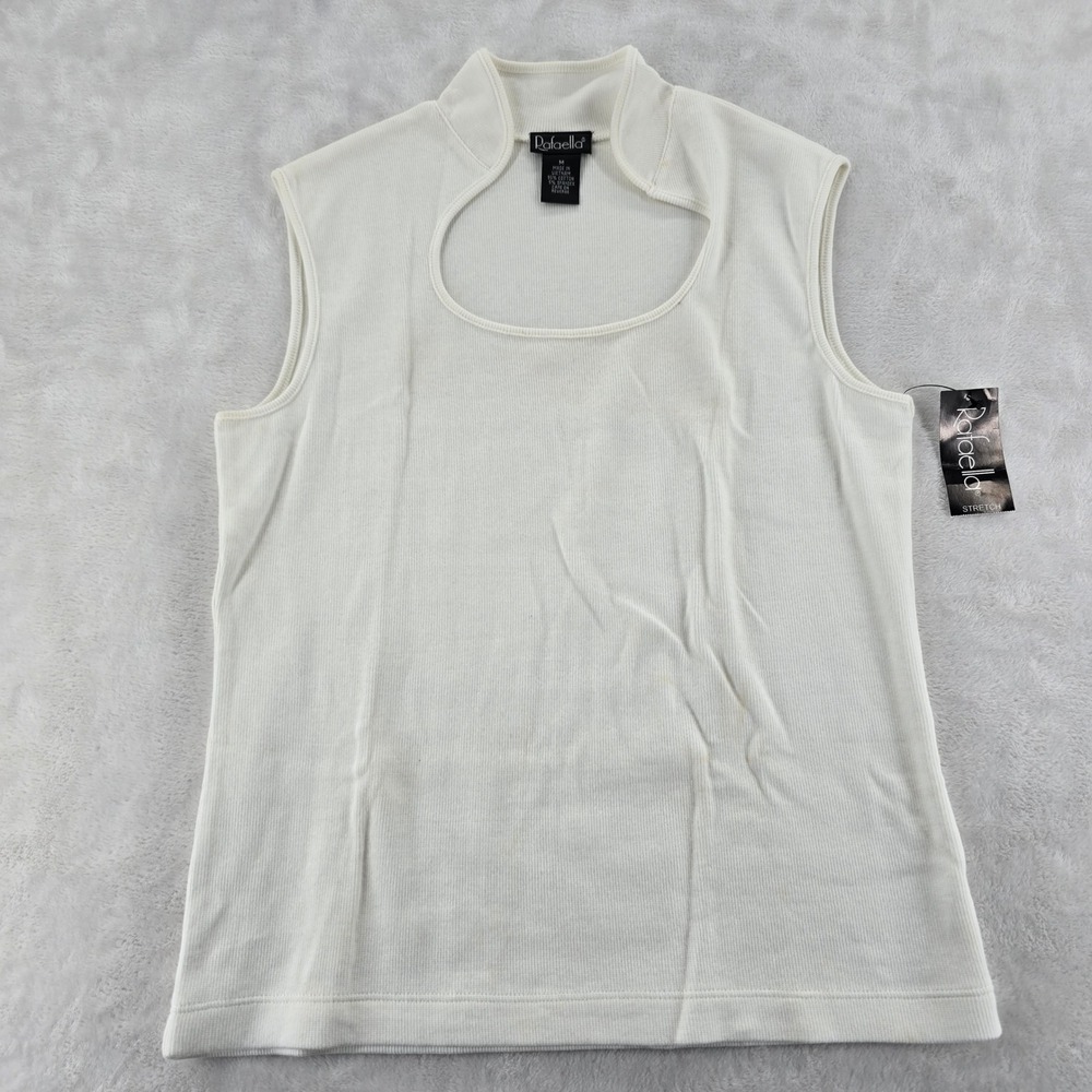 Rafaella Sleeveless Top M White RX6482M Keyhole Mock Neck Ribbed Stretch